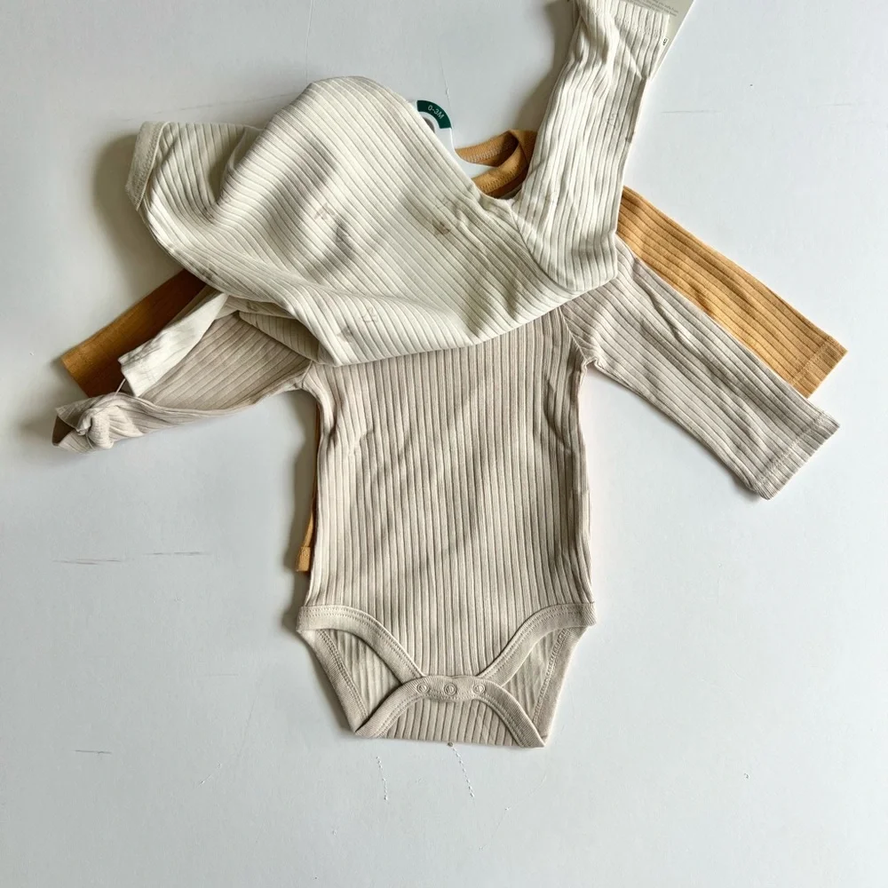 2 Cloud Island 3pc Ribbed Cream and Tan Baby Bodysuit Set Long Sleeve Bird Print - Picture 7 of 13
